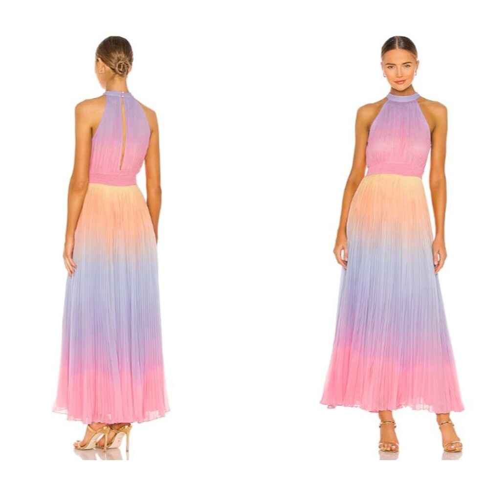 NWT $396 Rococo Sand Emi Pleat Dress Ombre Halter Maxi Women's Small